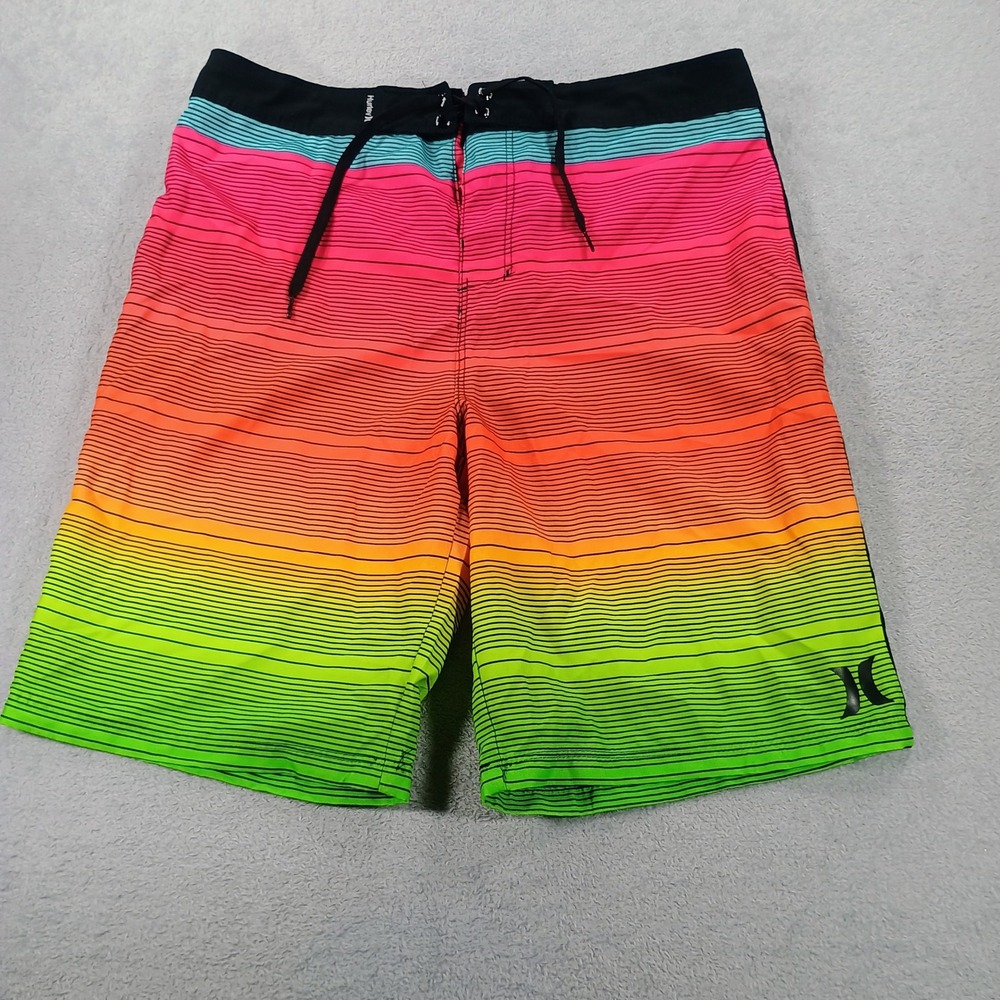 Hurley Boys 18/29 Board Shorts Neon Gradient Striped Swim Trunks